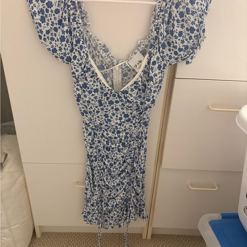 Blue and White Ruffled Mini Sundress with Sweetheart Neckline